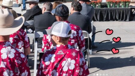 A photo of the backs of a group of people. Several people are wearing red Hawaiian shirts.